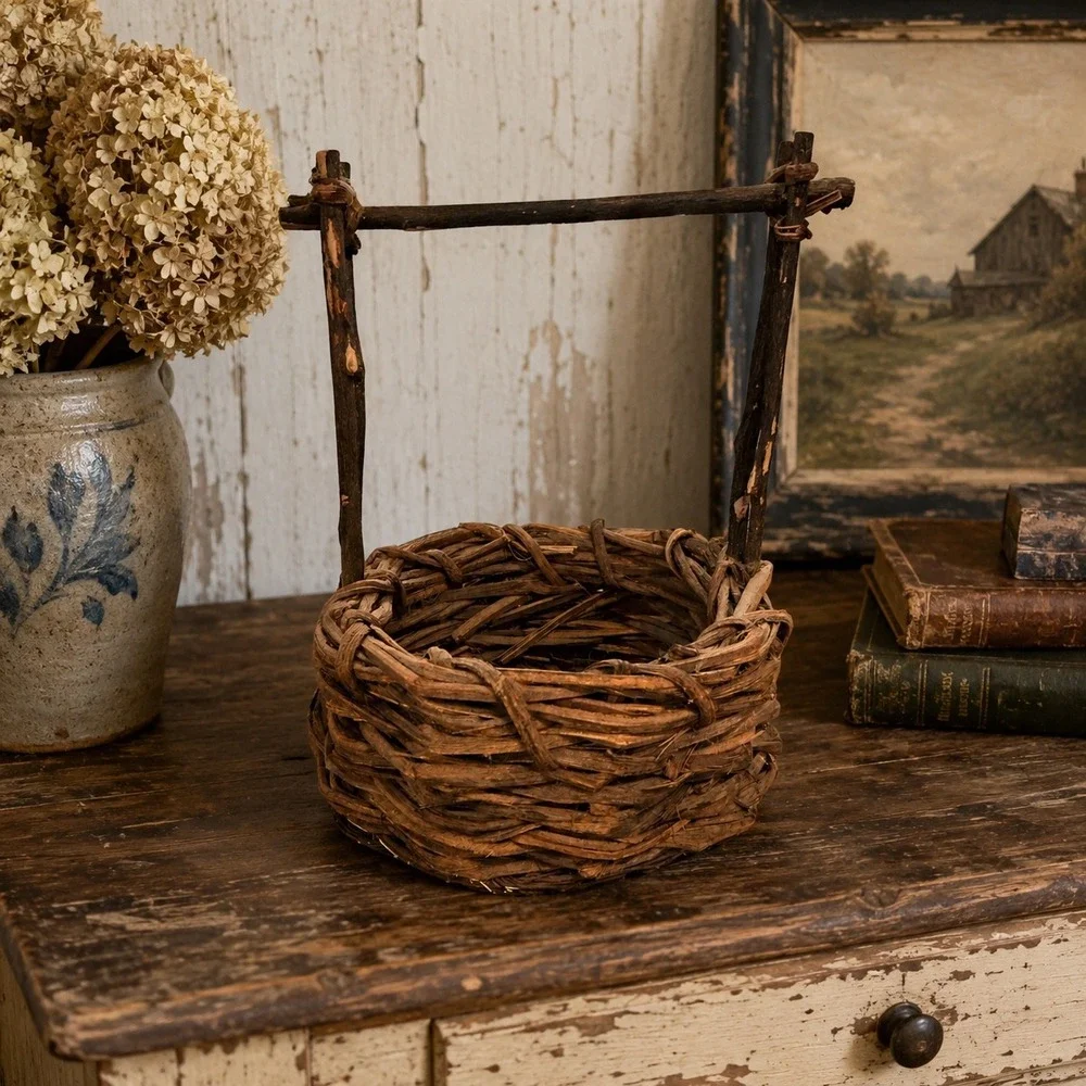Vintage Rustic Grapevine Twig Basket Handcrafted Primitive Farmhouse Decor Brown